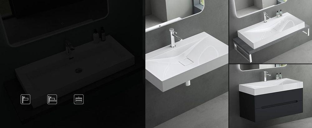 Mai & Mai Waschbecken Hänge Waschtisch Aufsatz Waschschale Mineralguss Schwarz Matt Rechteckig 1 Armaturenloch Breite: 60cm Col810