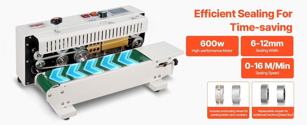 VEVOR Kontinuierliche Beutelbandversiegelungsmaschine, 0,24-0,47 Zoll/6-12 mm Versiegelungsbreite, Horizontale Bandversiegelungsmaschine mit digitaler Temperaturregelung, Beutelversiegeler für 0,02-0,8 mm Plastiktüten, Inflationsfunktion, Mit Zähler, Ohne Inflationsfunktion-a