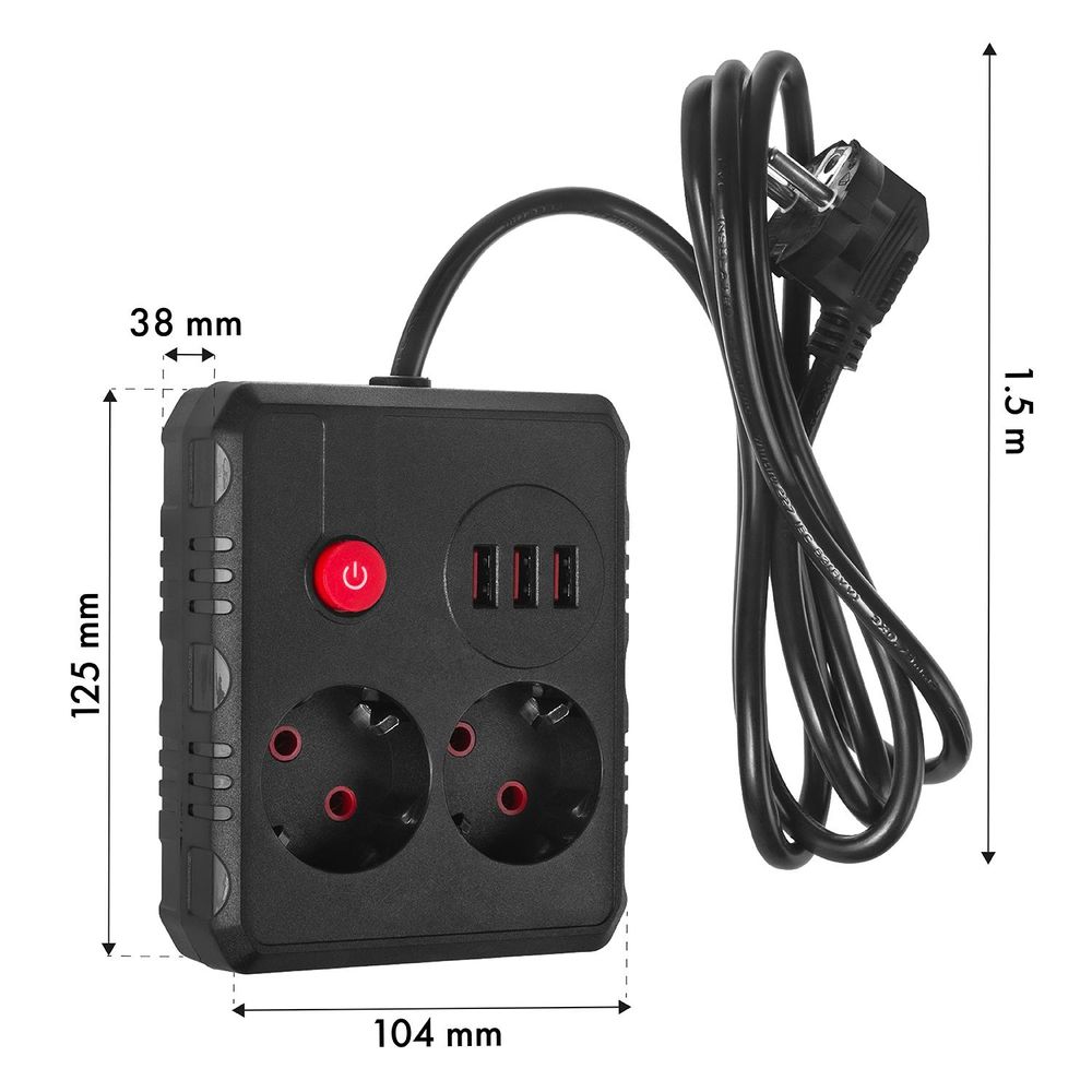 Maclean Steckdosenleiste 2-Steckdosen-Verlängerungskabel + 3xUSB 110-240V AC 50/60Hz 2,1A max 2500W 1,5m schwarz MCE387 B
