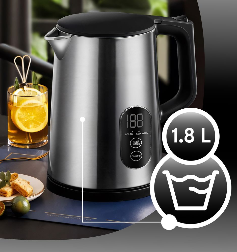 Wasserkocher 1.8L mit Temperatureinstellun 1500W bis 1800W Teekocher, LED Touchpanel, Warmhaltefunktion, BPA-frei, Abschaltautomatik, Edelstahl Retoo