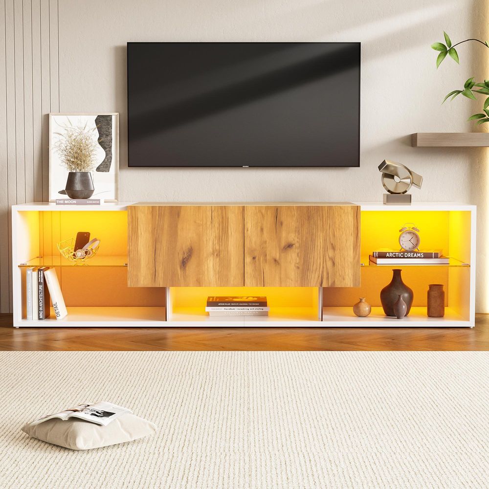 Merax LED TV-Schrank 160x40x42 cm, TV-Lowboard für Fernseher bis 70 Zoll, TV-Möbel 3 Ebenen mit Glasboden & 2 Schubladen, RGB-Beleuchtung, Weiß/Natur