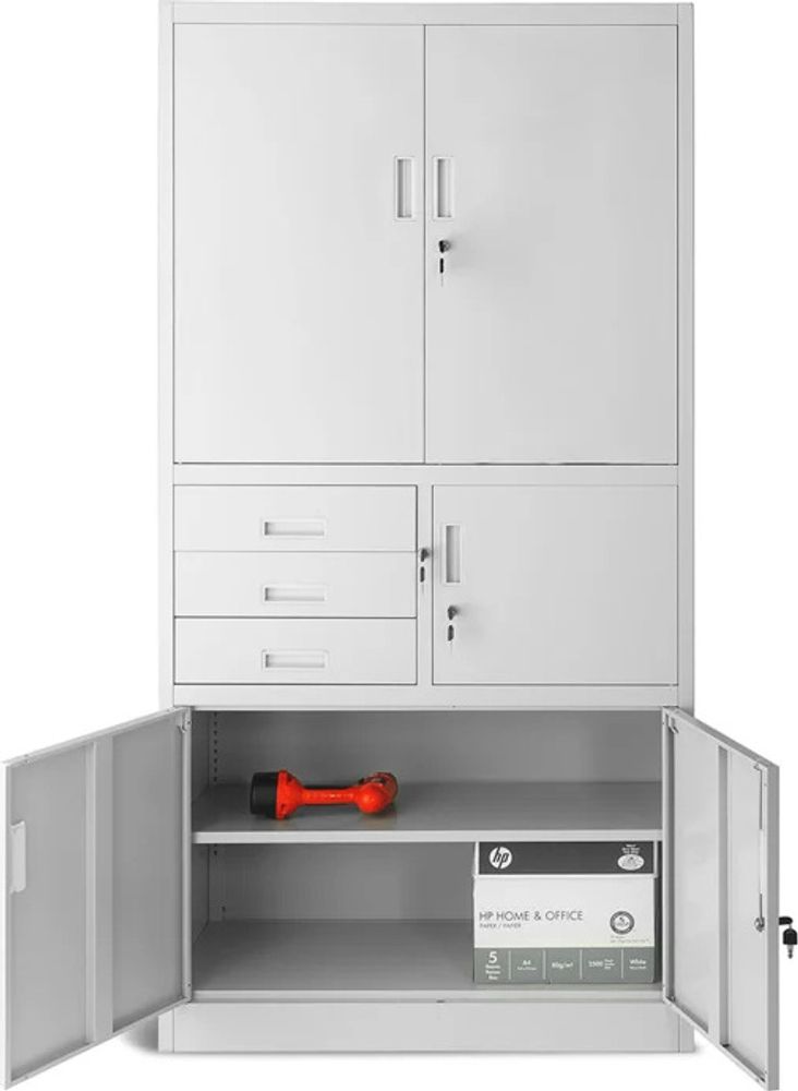 Büroschrank Aktenschrank Tresor Schubladen Geheimfach Stahlblech 185 cm x 90 cm x 40 cm (H x B x T) Farbe: Grau