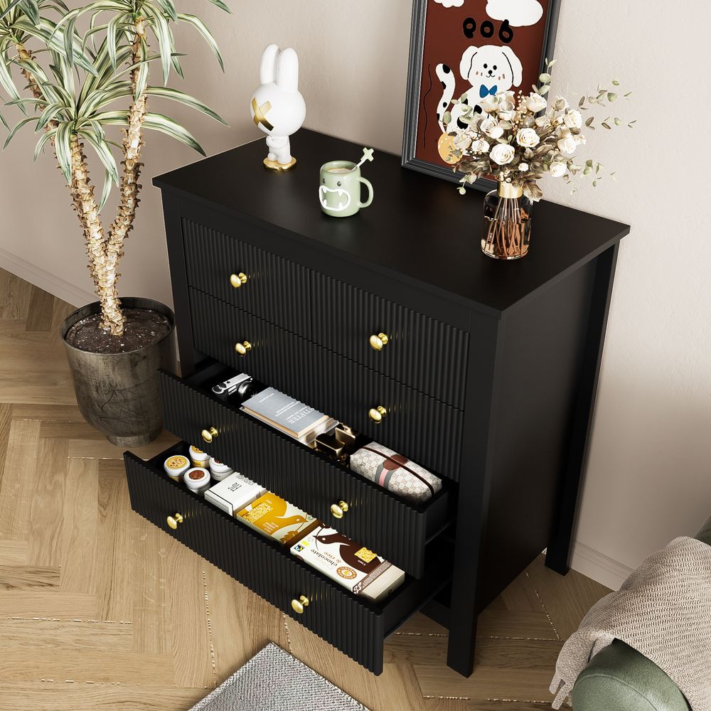 Merax Kommode mit 5 Schubladen, Sideboard mit goldenen Metallgriffe, Schubkastenkommode Wohnzimmerschrank Schuhschrank 79x80.5x39.5cm, Schwarz