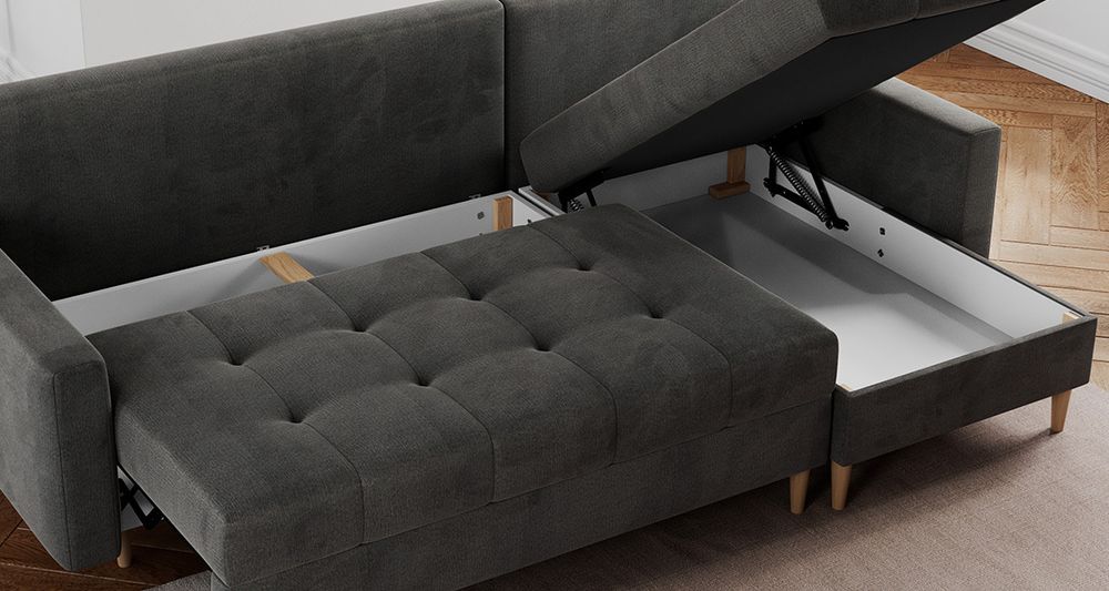Graufarbenes Ecksofa aus strukturiertem Stoff. Foto zeigt Bettkasten