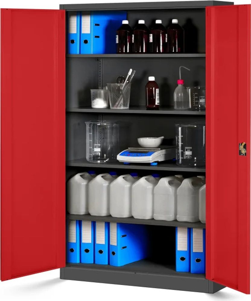 Büroschrank Aktenschrank XXL Metallschrank Flügeltüren Stahlblech Pulverbeschichtung 185 cm x 115 cm x 40 cm Farbe: Anthrazit-rot