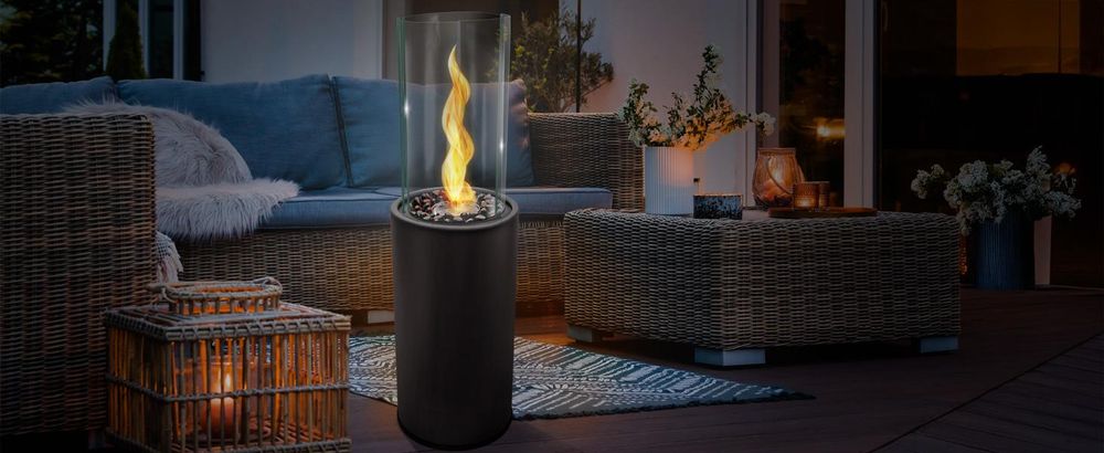 Flammtal Bioethanol Standkamin Helix für Garten, Terrasse, Balkon & Deko – Outdoor Kamin 3h Brenndauer / 86cm hoch – Freistehender Ethanol Standkamin