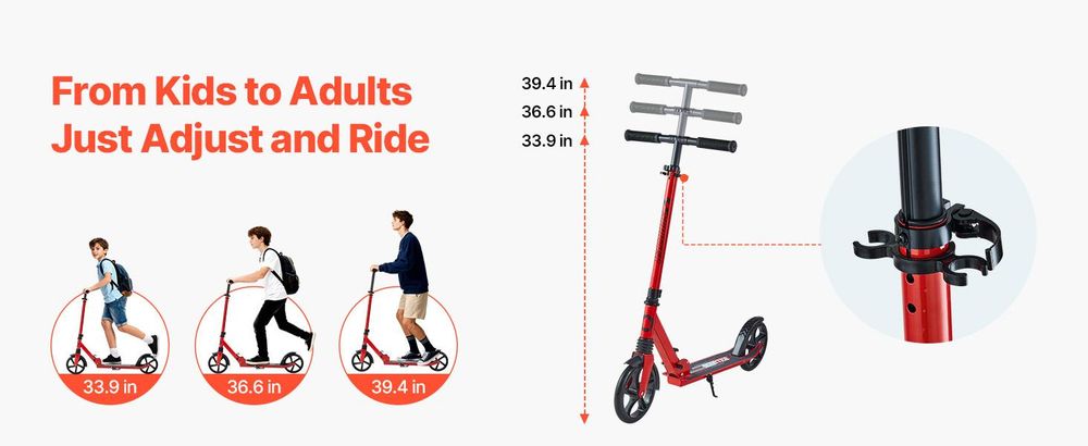 VEVOR Scooter (2 Räder) für Kinder ab 8 Jahren, Cityroller Kinderroller Straßenroller mit höhenverstellbarem Lenker & rutschfestem Deck, faltbarer Tretroller bis zu 100 kg, Schwarz + Rot