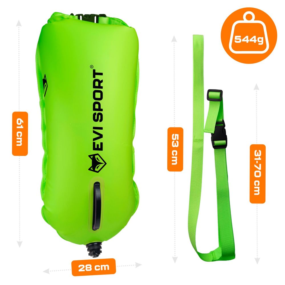 EVI SPORT AquaShield Schwimmboje 20L, Sicherheitsboje mit Trockentasche, Aufblasbar, Verstellbarer Gurt für SUP & Freiwasser, , Neongrün