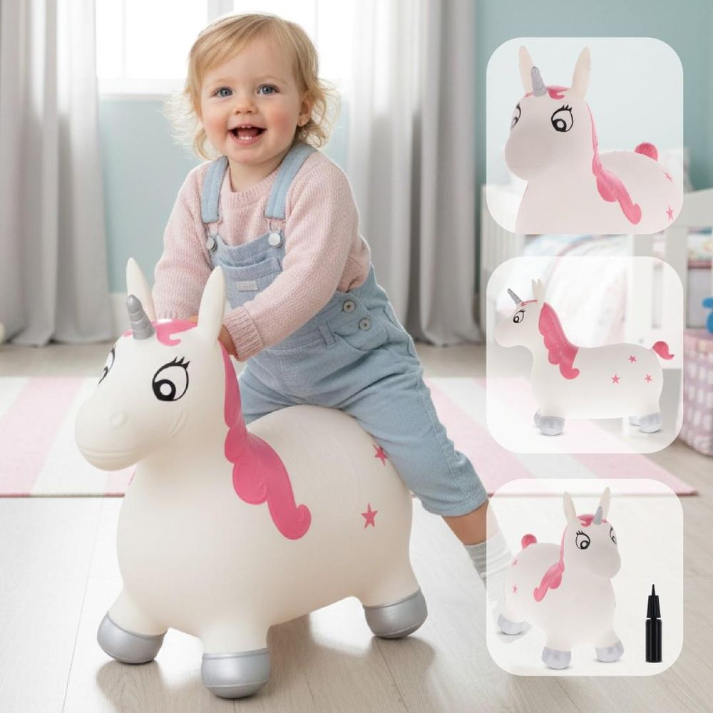 Niña jugando con el unicornio saltarín SUN BABY y detalles del producto y bomba incluida