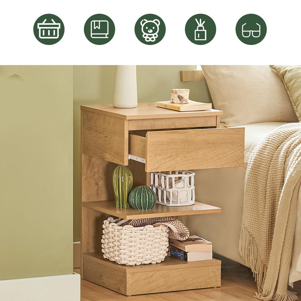 SoBuy Nachttisch schmal Nachtschrank mit 1 Schublade und 2 Ablagen Moderner Beistelltisch Aufbewahrungsschrank für das Schlafzimmer Natur FBT49-N