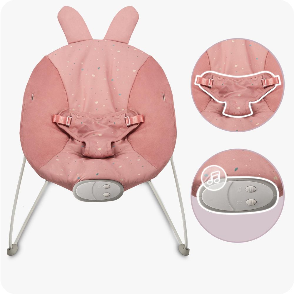 MoMi GLOSSY Babywippe mit 8 Melodien, 3 Vibrationsstufen, Spielzeug-Stirnband – bis 9 kg - ROSA