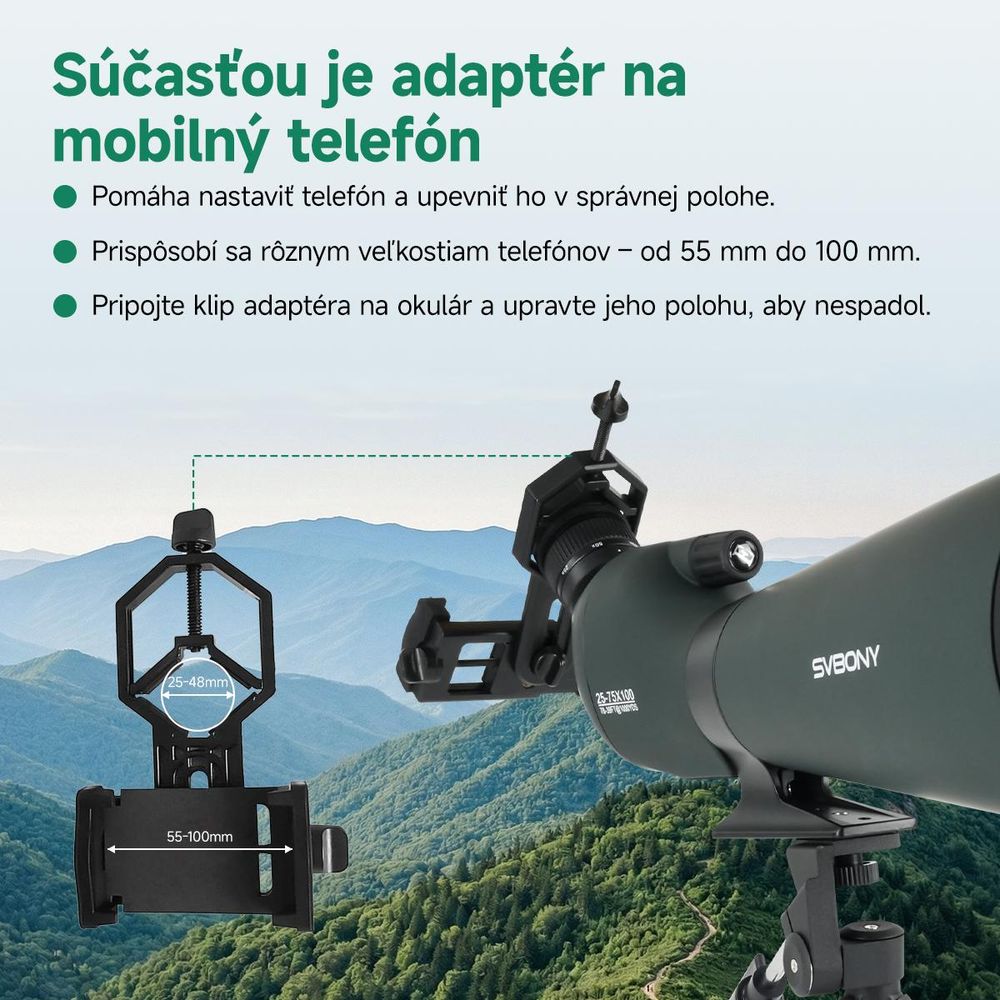 Svbony SV28 25-75x100mm pozorovací ďalekohľad, veľké zorné pole, H-K9L Porro Prism FMC, ďalekohľad s adaptérom pre mobilný telefón a puzdrom na statív
