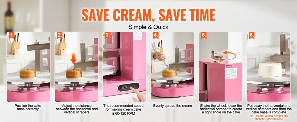 VEVOR Kuchen-Dekorationsmaschine, Kuchencreme-Verteilmaschine, leise Kuchen-Glasurmaschine, Drehteller mit verstellbarem Schaber, für 4" bis 12" Kuchen, 25-320RPM Drehgeschwindigkeit, Weiß, 4-16 Zoll, Rosa