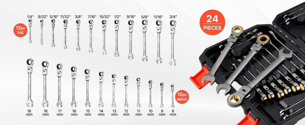 VEVOR Maulschlüsselset, 30-teiliges Ratschen-Schlüsselset mit Organizer-Rack, Cr-V Stahl-Schlüsselset SAE 1/4" bis 1", metrisch 8 mm bis 24 mm, ideal für den allgemeinen Haushalt, die Garage, die Werkstatt, Notfälle, 24 Stück-a, Polierte Oberfläche-a