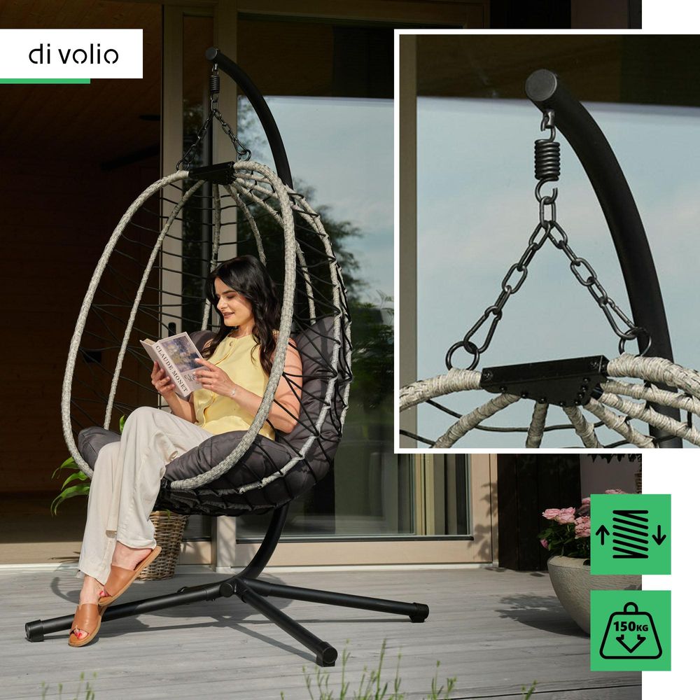 di volio Hängesessel mit Gestell CORTA grau, Hängestuhl für Indoor & Outdoor, bis 150 kg belastbar, Hängeschaukel aus robusten Materialien, inkl. Kissen, klappbar