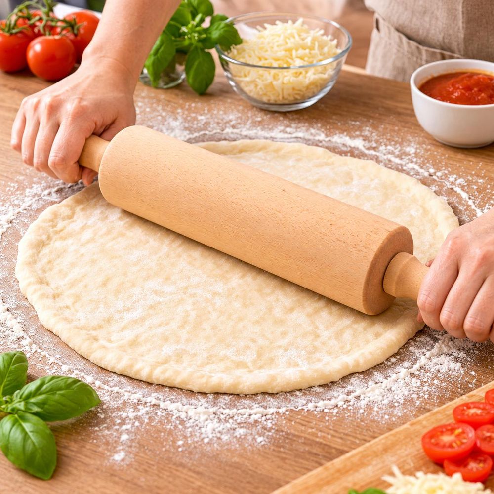 Nudelholz aus Buchenholz 40 cm Teigrolle mit Griffen Backrolle