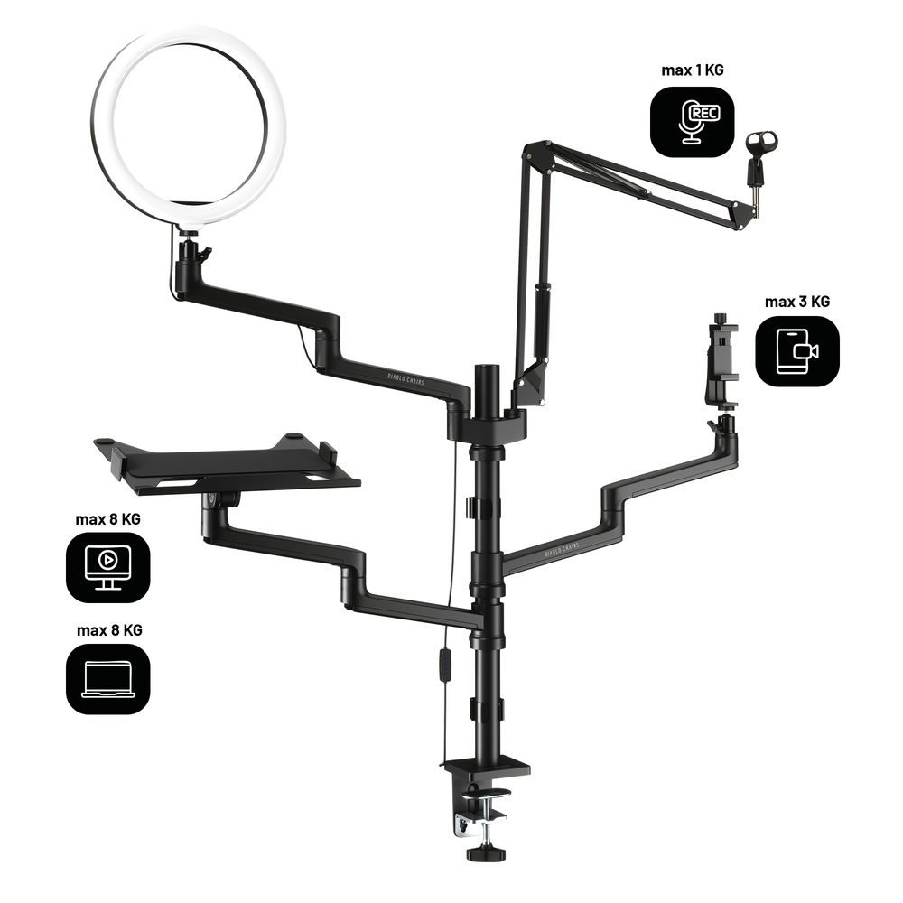 Diablo Vlogging-Kit - Mikrofonhalter, Monitorhalter, Telefonhalter für Streamer, Gamer mit LED-Licht - YouTube Starter Set
