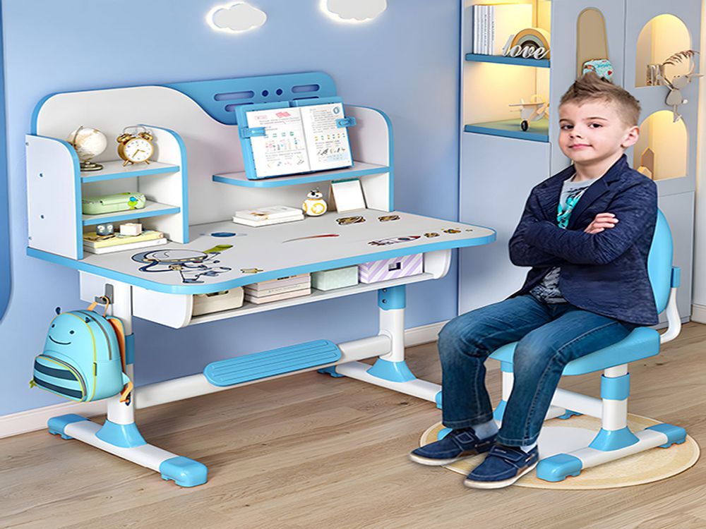 Kinder Studie Tisch Schreibtisch kann heben Grund- und Sekundarschule Studenten schreiben Tisch Stuhl Schreibtisch und Stuhl Set - blau