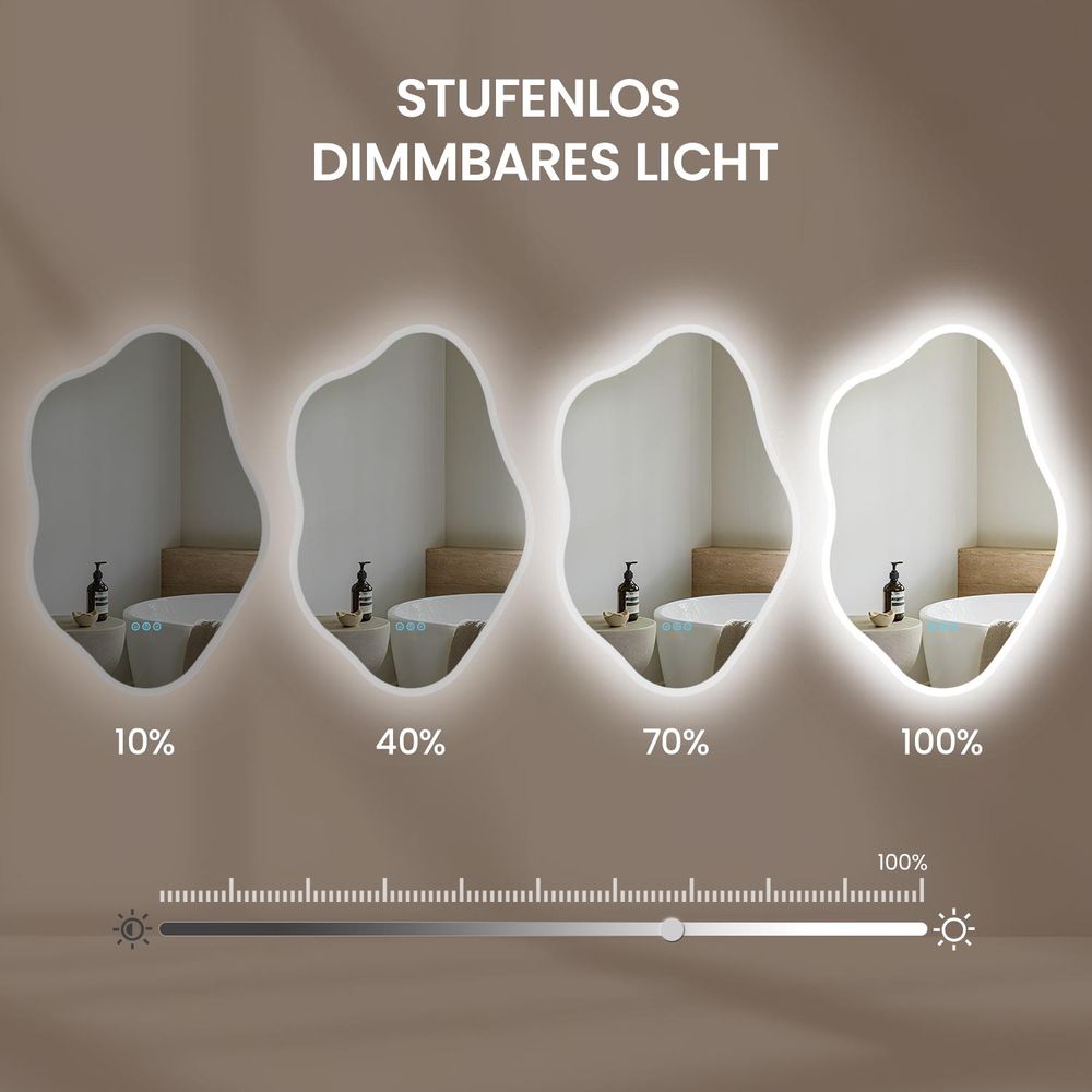 Asymmetrischer LED Badspiegel mit Beleuchtung und Anti-Beschlag 90x60 cm – Unregelmäßiger Deko-Wandspiegel mit Touch-Schalter 3 dimmbaren Lichtfarben