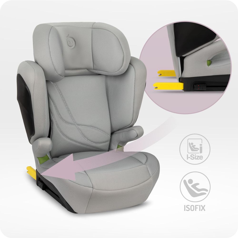 MoMi MEI – i-Size Kindersitz Gruppe 2/3 (100–150 cm, bis 36 kg) mit ISOFIX & 9-fach verstellbarer Rückenlehne – Grau