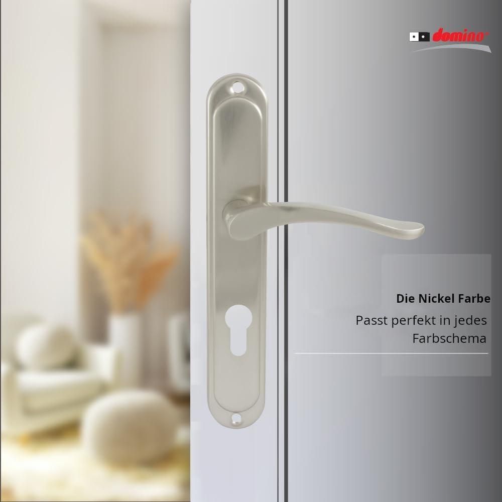 DOMINO Türgriff 72 Drückergarnitur PZ - Profilzylinder Set | Türklinke für Zimmertür, Bürotür, Kellertür & Innentür | L-Form | Türbeschläge aus Aluminiuml | Nickel Türdrückergarnitur| BALLEN M9