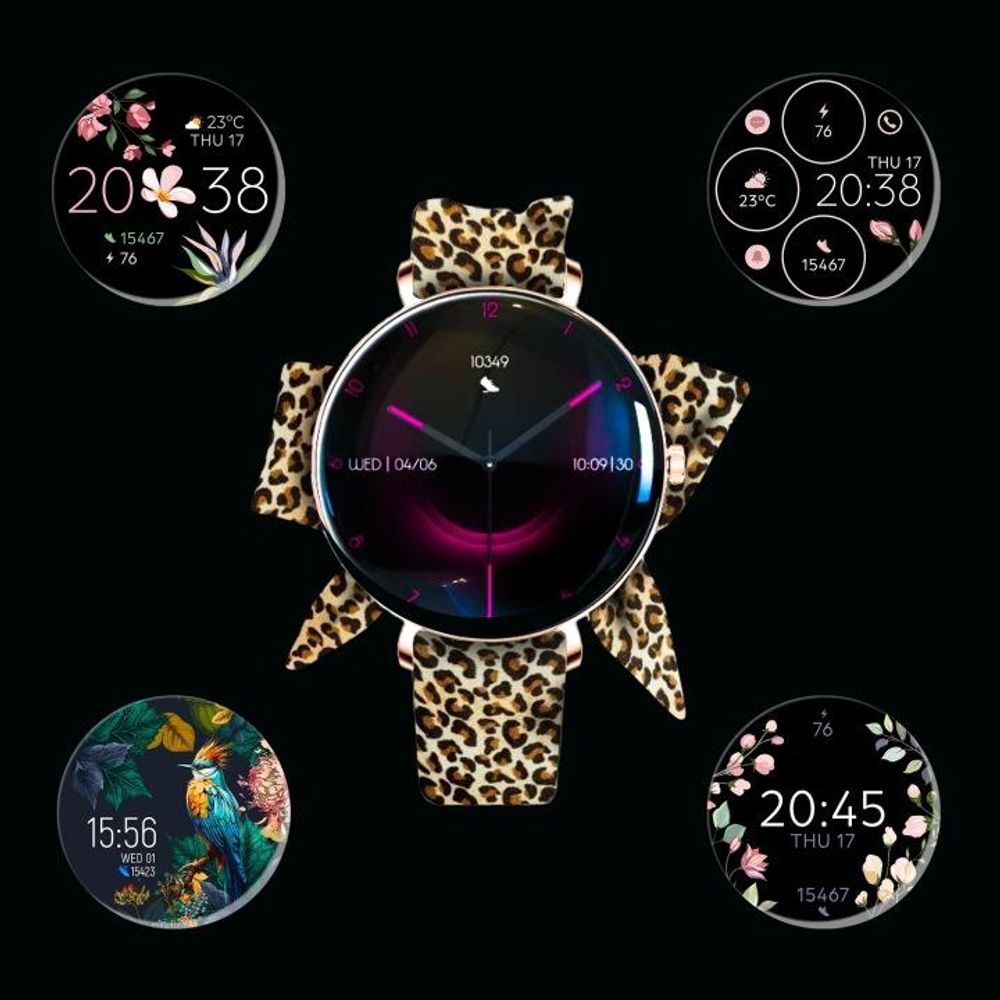 Forever Smartwatch pour femmes à la mode, Bluetooth, AMOLED, tu peux téléphoner directement via la montre SB-370 Lucca or rose - Bracelet imprimé léopard
