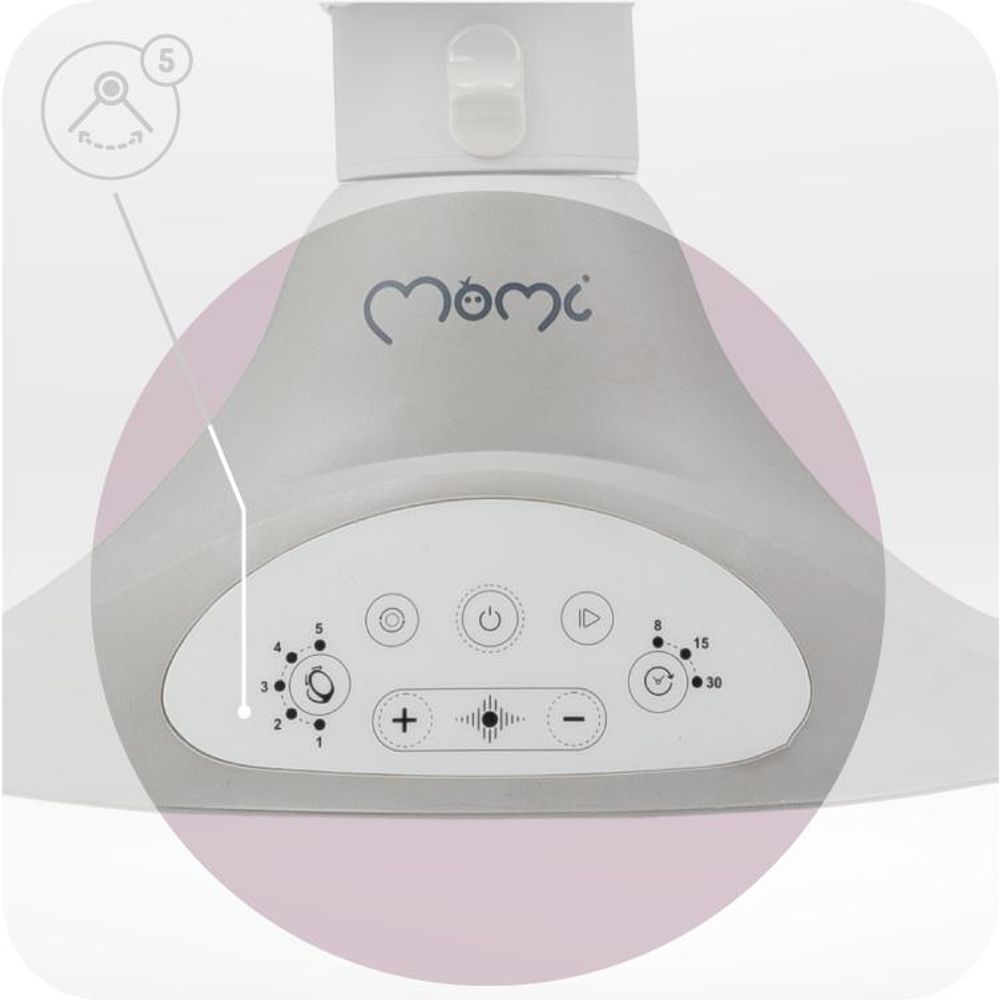 MoMi KENANI – Elektrische Babywippe mit Bluetooth, Fernbedienung & Musik, 5 Stufen – inkl. Moskitonetz – Hellgrau