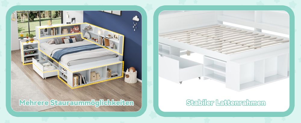 okwish Jugendbett Klassische Betten 90x200cm mit Schubladen, Bücherregal und Stauschrank, Plattformbett Holzbett Bettgestell mit Lattenrost,weiß