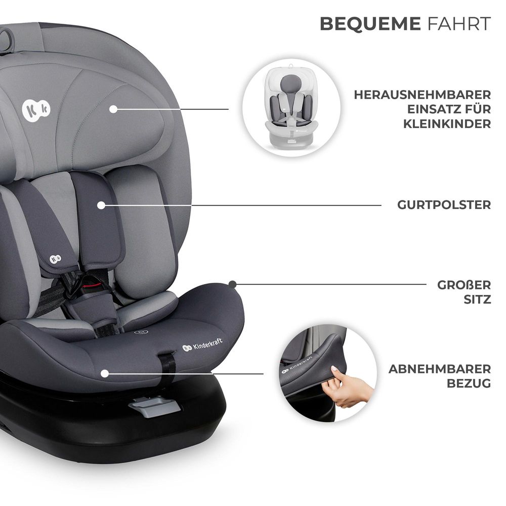 Kinderkraft I-GROW i-Size - Kindersitz 40-150 cm - 360° - RWF/FWF - H-GUARD - ISOFIX - TOP TETHER - 5-Punkt-Gurt - Verstellbare Kopfstütze - Grau