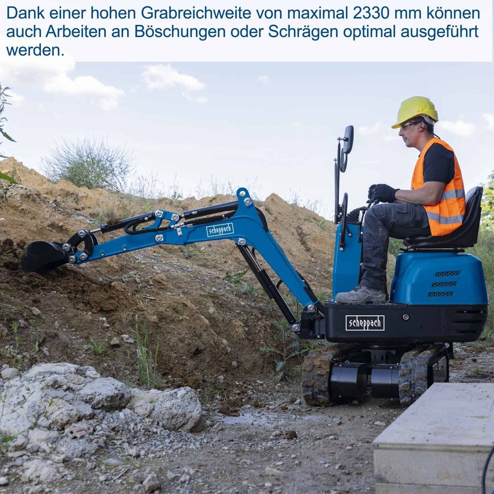 Das Bild zeigt eine Person bei der Arbeit mit dem Mini Bagger von Scheppach.