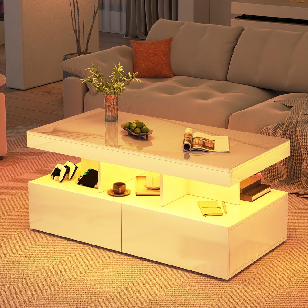 CDGlobal Couchtisch Wohnzimmertisch weiß Hochglanz, Sofatisch mit LED Beleuchtung, 2 Schubladen und offenen Fächern, modern Kaffeetisch mit Stauraum, für Büro Empfang Wartebereich,104x53x46cm