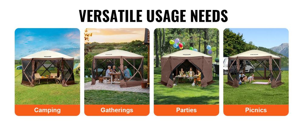 VEVOR Pavillon Bildschirmzelt, 10 x 10 Fuß, 6-seitiges Pop-up Camping-Canopy-Schutz-Zelt mit Netzfenstern, tragbare Tragetasche, Erdnägel, große Schattentücher für Outdoor-Camping, Rasen und Garten, 12.5 x 12.5 ft