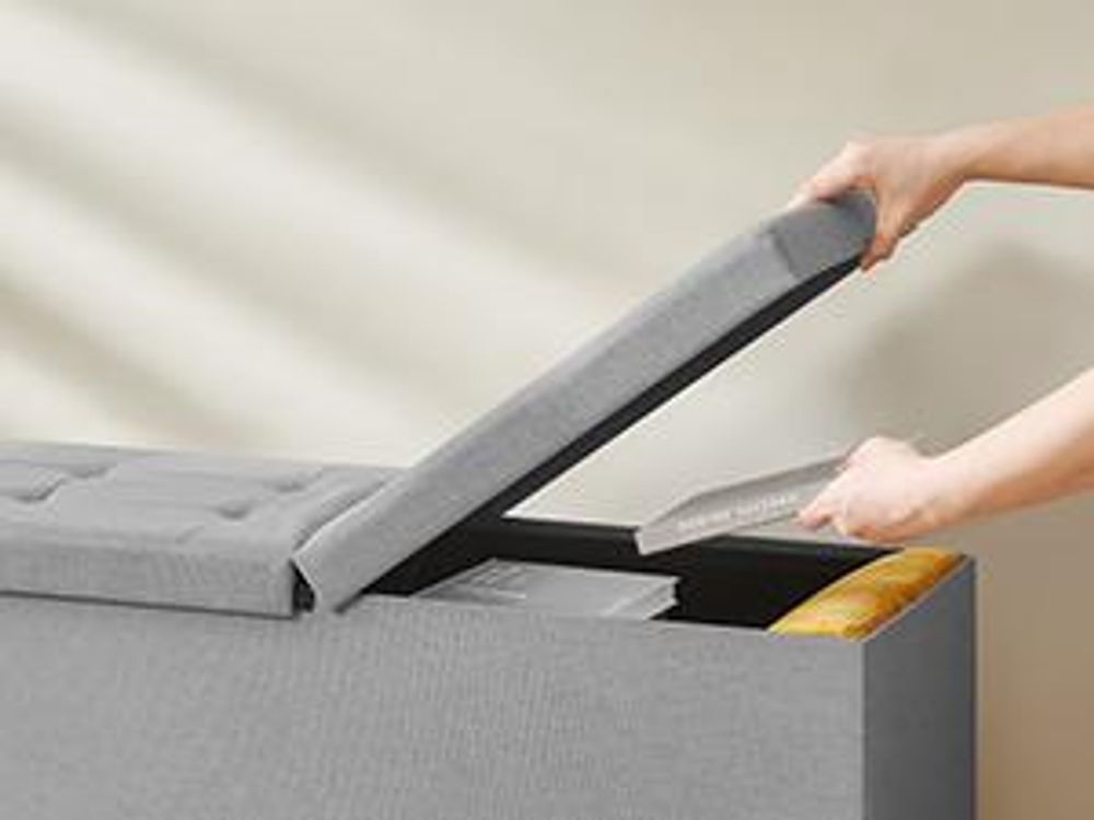SONGMICS Sitztruhe 76x38x38cm Halbdeckel 80L aus Leinen seitlich klappbar
