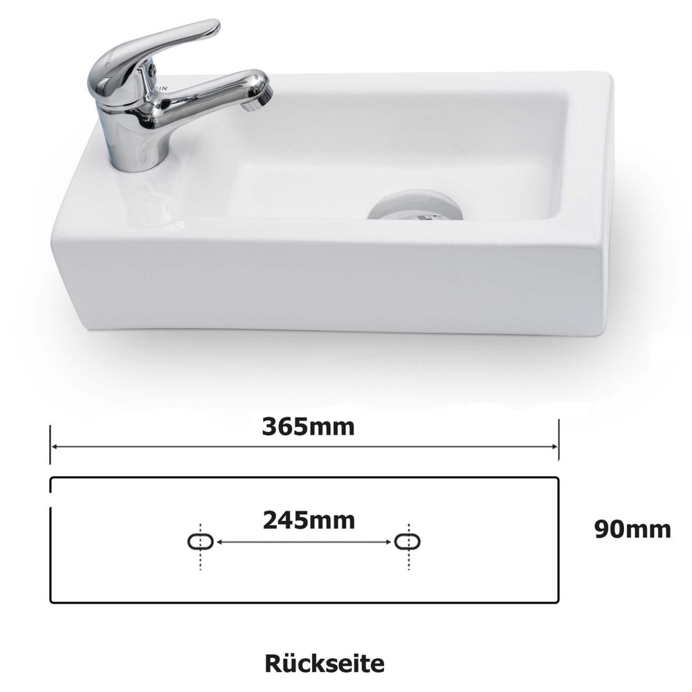 VILSTEIN Hänge- oder Aufsatz Waschbecken Gäste WC | kleines mini Handwaschbecken | Keramik Waschtisch klein | 36,5x18x9 cm | Hahnloch Links