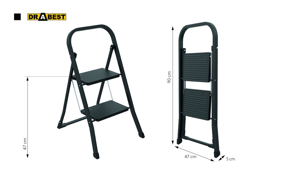 Drabest | Haushaltsleiter 2-stufig - Schwarz - Stabil und leicht - Ideal für Zuhause und Büro