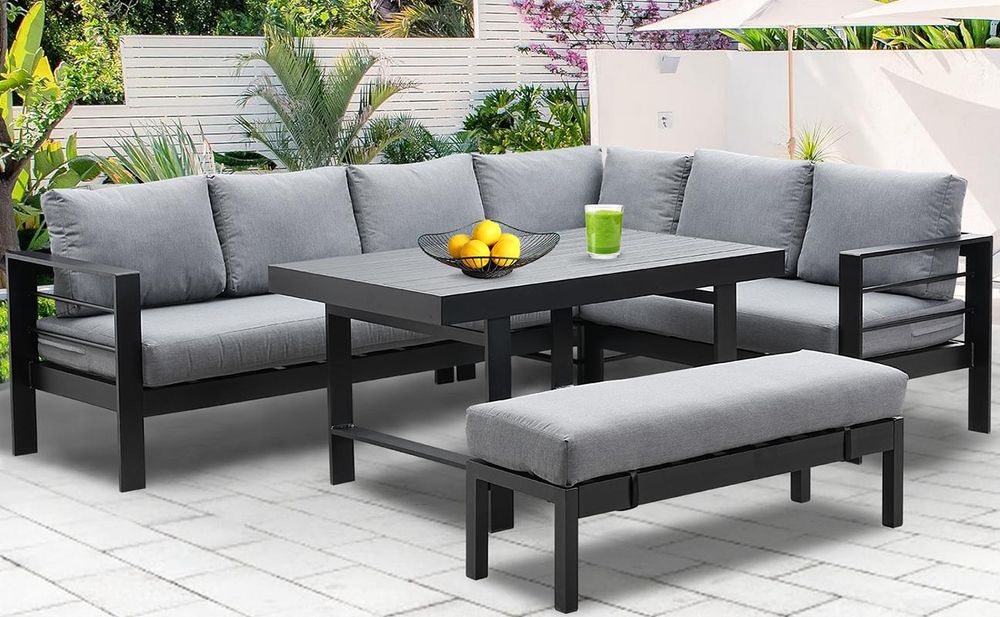 MEXO Gartenmöbel Set Aluminium 8 Personen, Modulares Gartenlounge-Set Gartensofas Ecklounge mit groß Tisch & Gartenbank, Wetterfest Outdoor-Loungesofa
