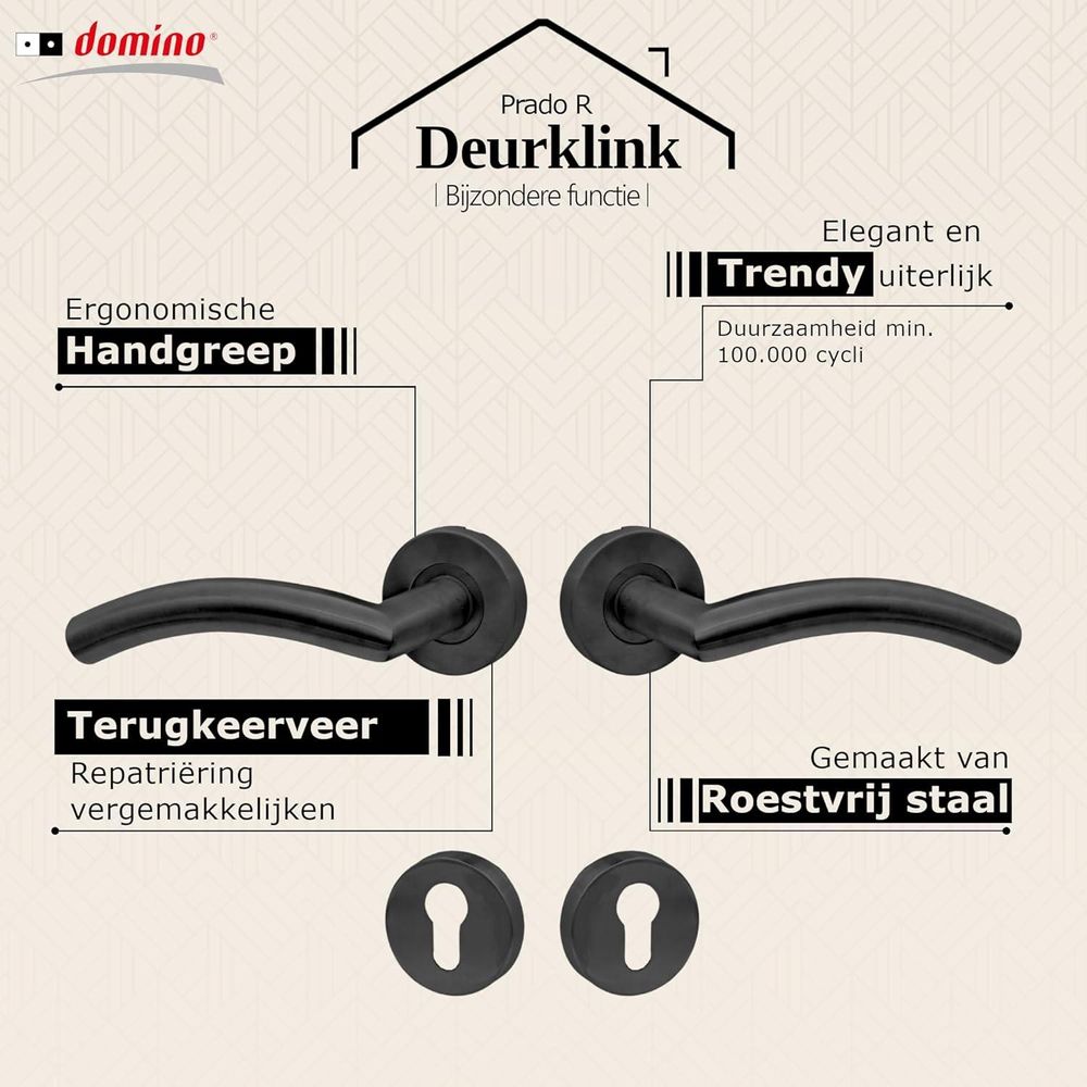 DOMINO Türgriff | PZ-Profilzylinder | Drückergarnitur für Zimmertüren Türdrücker-Set | Rosetten-Garnitur Türbeschläge | Runde Rosette | PRADO-R BLACK