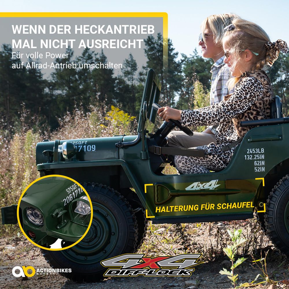 Actionbikes Motors Kinder Elektro Auto Jeep Willys | 3 Gurte - Allrad Antrieb - Dreisitzer - Fernbedienung - Federung - LED - Hupe - Geländefahrzeug