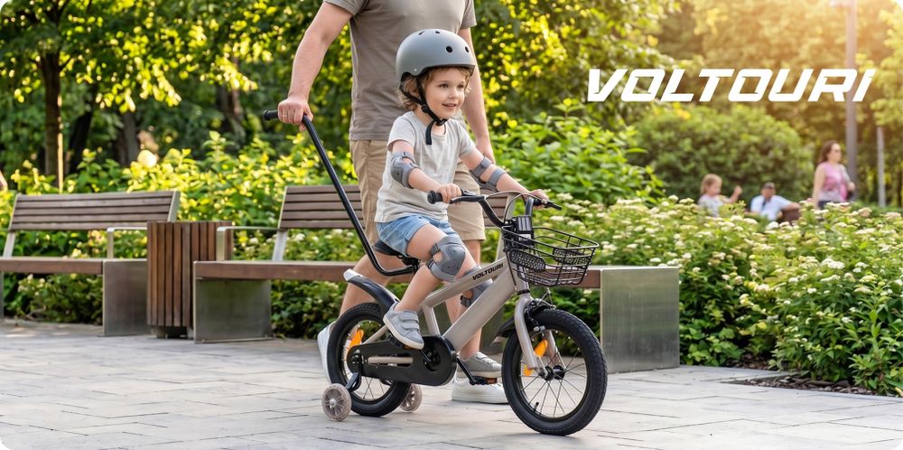 Kinderfahrrad 14 Zoll mit leuchtenden Stützrädern, Schiebestange und Korb – für Kinder 3–6 Jahre