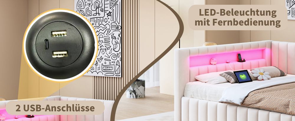 okwish Daybett Polsterbett 140x200, Schlafsofa mit LED-Licht und USB-Ladeanschluss,mit Rückenlehne und Kopfteil,Samtstoff,Beige-Ohne Matratze
