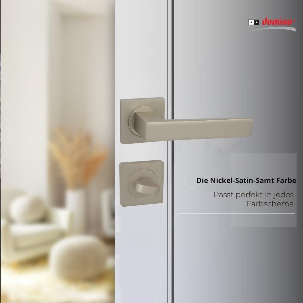 DOMINO Türgriff Drückergarnitur WC - Badezimmer Set | mit quadratischen Rosetten | für Badezimmertüren | Set WC - Rosetten-Garnitur | Türbeschläge aus Aluminium | Satin Nickel Velvet Türdrückergarnitur| QUBIK-QR M91