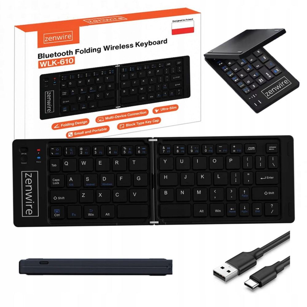 Skladacia mini klávesnica - bezdrôtová - Bluetooth - pre tablety a smartfóny - USB-C