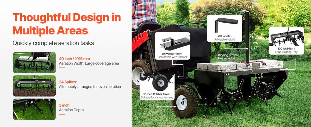 VEVOR Anhängbarer Plug-Aerator, 40-Zoll Anhängbarer Rasenplug-Aerator mit Universalanhängerkupplung, Anhängbarer Aerator mit abwechselnd angeordneten Eisenstacheln, Rasen-Aerator für Gärten, Rasenflächen, Bauernhöfe, 40 Zoll