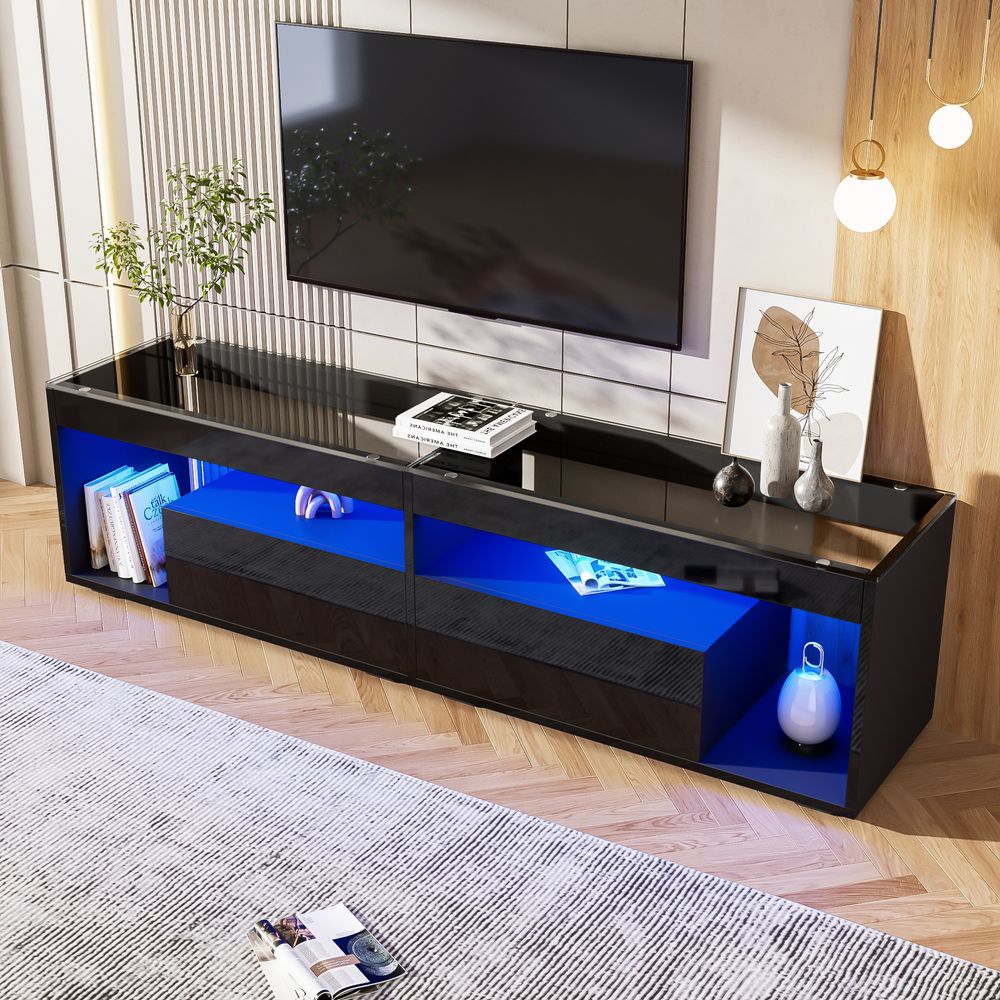 Merax Hochglanz TV-Schrank mit LED für Fernseher bis 70 Zoll, TV Lowboard mit 2 Schubladen, gehärtetes Glas, Schwarz, 180x40x46 cm