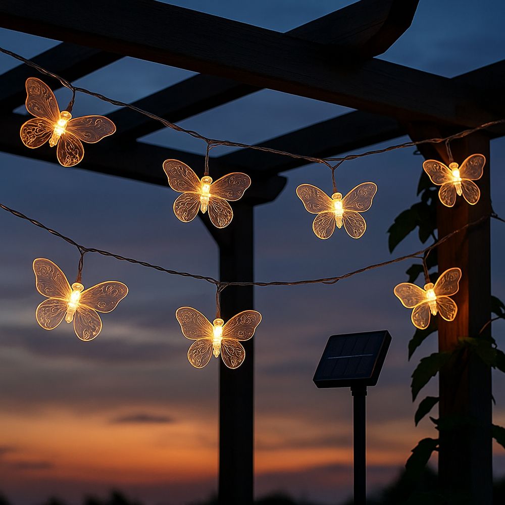 Helle Schmetterlinge an einer Lichterkette, ideal als wetterfest Gartendeko.