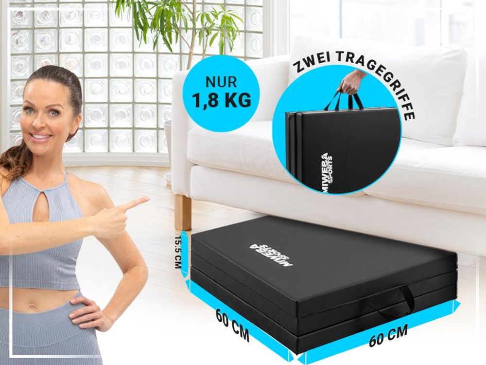 Miweba Sports Gymnastikmatte GM100 | Faltbar - Rutschfest - Trainingsmatte - Fitnessmatte für zuhause - Sport Turn Matte - Tragegriffe (Grau)