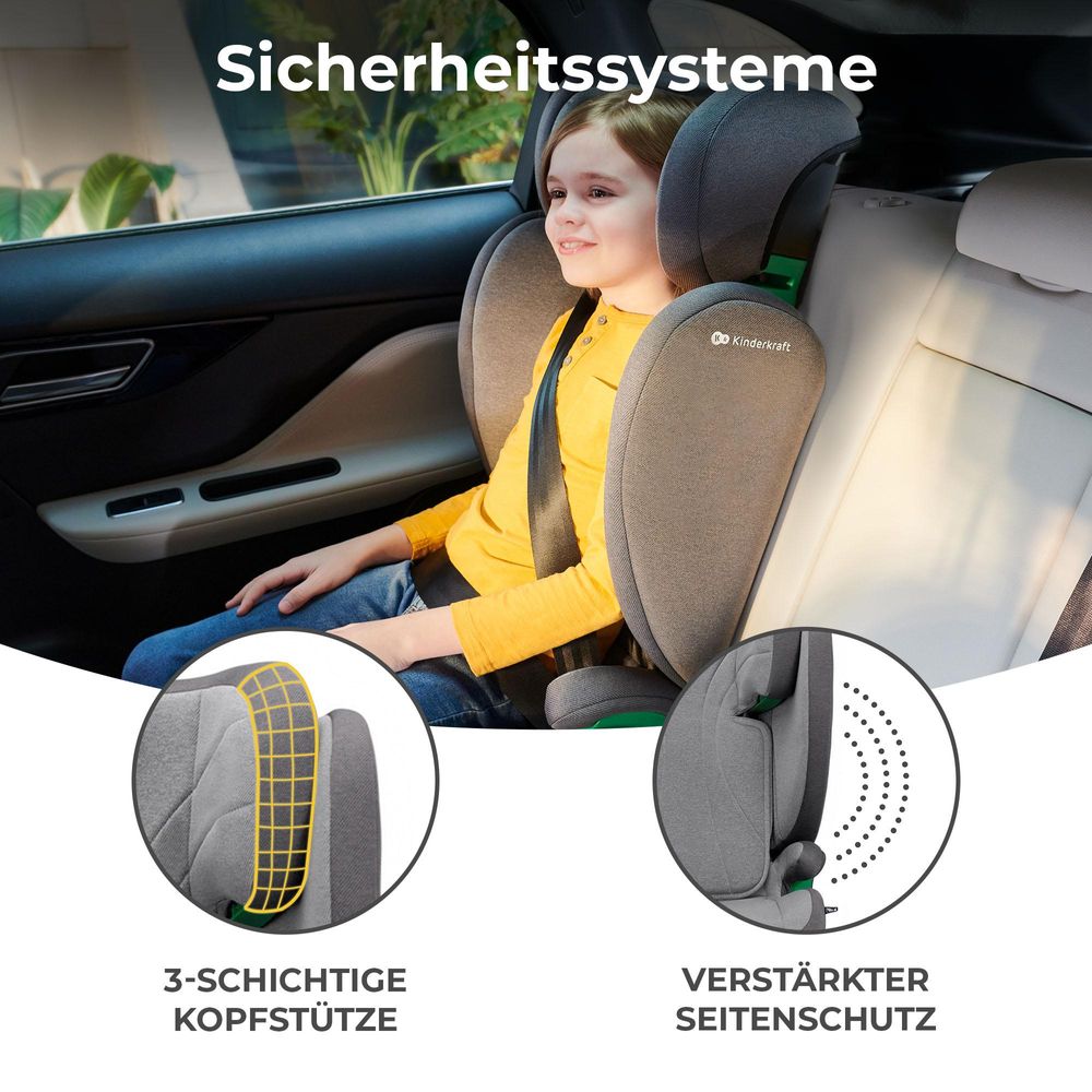 Kinderkraft JUNIOR FIX i-Size - Autositz 100-150 cm - R129 Norm - ISOFIX - SPS - H-GUARD - 10-fach verstellbare Kopfstütze - Waschbarer Bezug - Grau