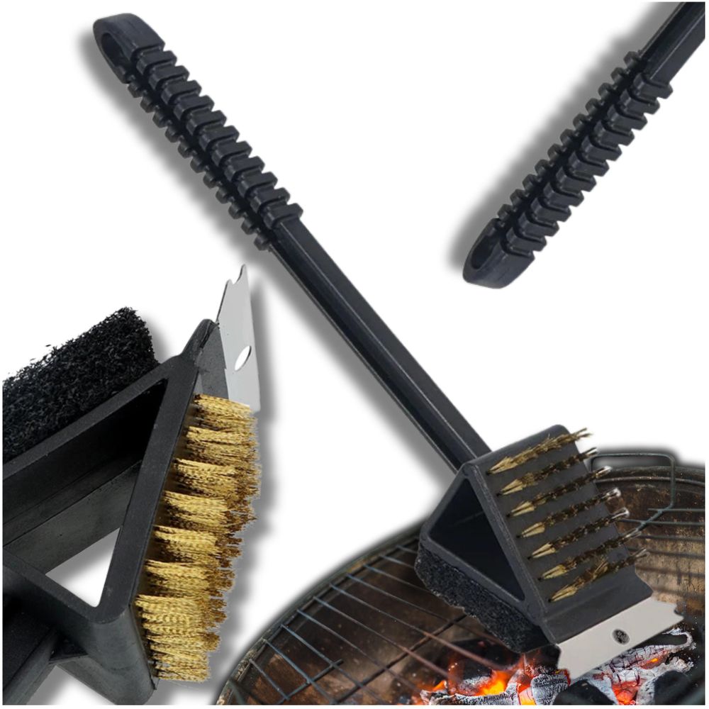 Grillbürste 3-in-1 mit Kupferdraht, Schwamm und Schaber, schwarz, zur Reinigung