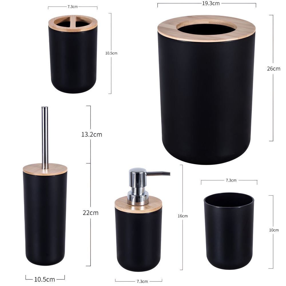 Badezimmer Set 6-tlg  Bambus Bad Zubehörset Toilettenset Lotionspender Mülleimer Zahnbürstenhalter Zahnputzbecher Toilettenbürste Seifenschale Retoo