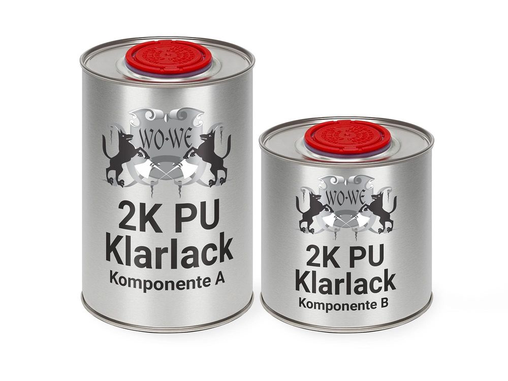 Zwei Dosen 2K PolyurethanKlarlack auf weißem Hintergrund mit Produktbeschreibung